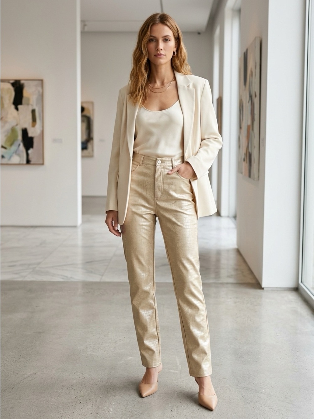 Missguided Crocodile Embossed Skinny Faux Leather Pants Beige - Size 6